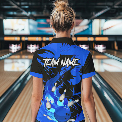 Eagle flame bowling ball and pins custom Women Bowling Shirts, team bowling jerseys | Blue NQS9616