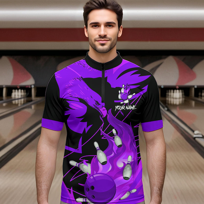 Eagle flame bowling ball and pins custom Mens Bowling Shirts, team bowling jerseys | Purple NQS9617
