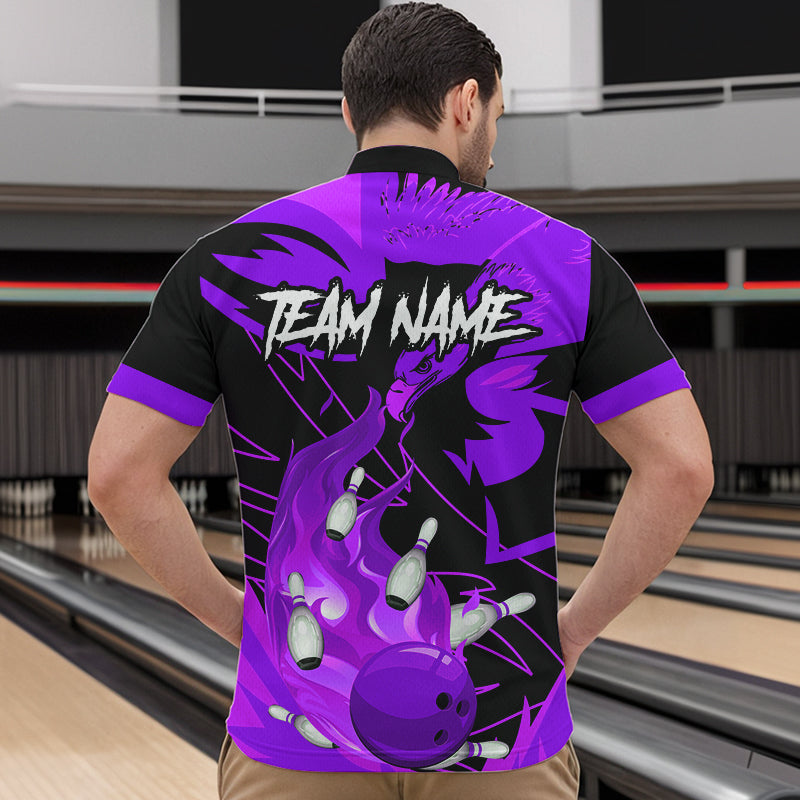 Eagle flame bowling ball and pins custom Mens Bowling Shirts, team bowling jerseys | Purple NQS9617