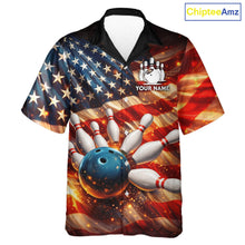 Load image into Gallery viewer, American Flag Bowling Ball and pins Bowling Button-up Shirt Custom Patriotic Bowling Team jerseys NQS11698