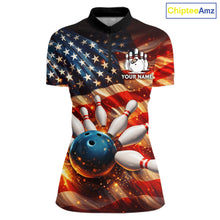 Load image into Gallery viewer, American Flag Bowling Ball and pins Bowling Shirts for Women Custom Patriotic Bowling Team jerseys NQS11698