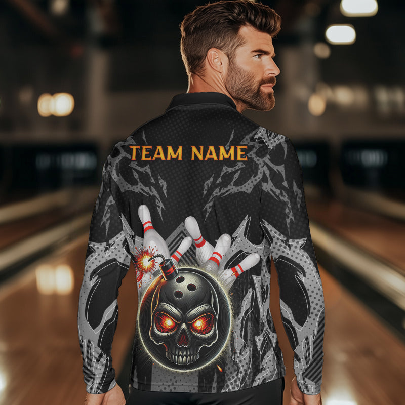 Funny Black and Gray Camo Bowling Shirt For Men Custom Skull Bowling Bomb Team bowling attire for men NQS9792
