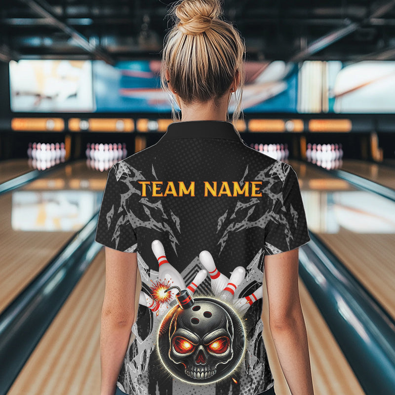 Funny Black and Gray Camo Bowling Shirt For Women Custom Skull Bowling Bomb Team ladies bowling attire NQS9792
