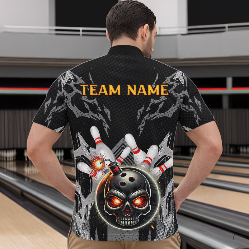 Funny Black and Gray Camo Bowling Shirt For Men Custom Skull Bowling Bomb Team bowling attire for men NQS9792