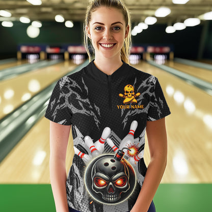 Funny Black and Gray Camo Bowling Shirt For Women Custom Skull Bowling Bomb Team ladies bowling attire NQS9792