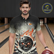 Load image into Gallery viewer, Funny Flame Skull Bowling Ball and Pins Retro Black Bowling Shirt For Men Custom Bowling Team Jersey NQS9794
