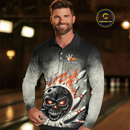 Funny Flame Skull Bowling Ball and Pins Retro Black Bowling Shirt For Men Custom Bowling Team Jersey NQS9794