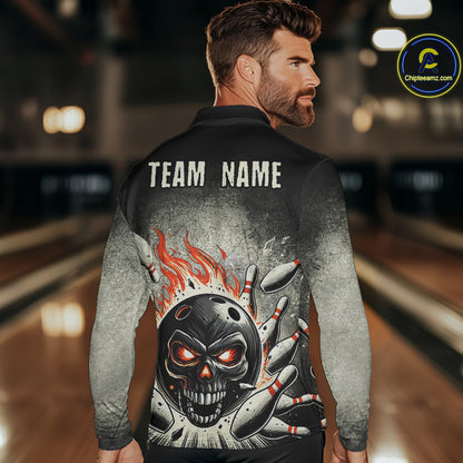 Funny Flame Skull Bowling Ball and Pins Retro Black Bowling Shirt For Men Custom Bowling Team Jersey NQS9794