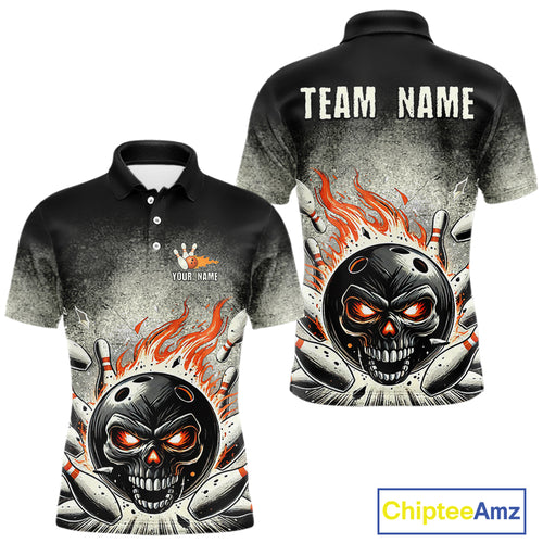 Funny Flame Skull Bowling Ball and Pins Retro Black Bowling Shirt For Men Custom Bowling Team Jersey NQS9794