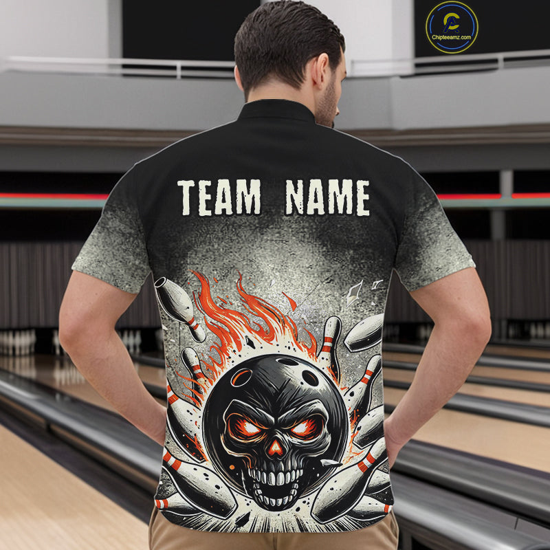 Funny Flame Skull Bowling Ball and Pins Retro Black Bowling Shirt For Men Custom Bowling Team Jersey NQS9794