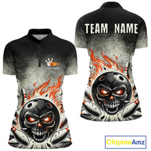 Load image into Gallery viewer, Funny Flame Skull Bowling Ball and Pins Retro Black Bowling Shirt For Women Custom Bowling Team Jersey NQS9794