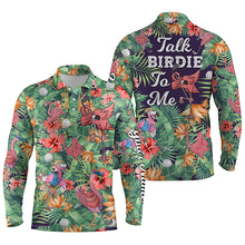 Load image into Gallery viewer, Funny Mens golf polo shirt custom green tropical flower flamingo golf shirts talk birdie to me NQS5364