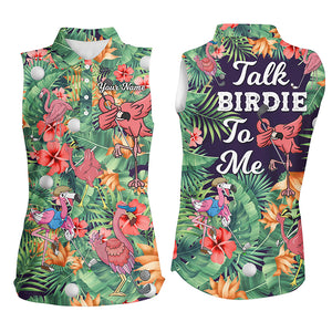 Funny Women sleeveless polo shirt custom green tropical flower flamingo golf shirts talk birdie to me NQS5364