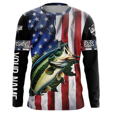 Load image into Gallery viewer, Largemouth Bass fishing American Flag Patriotic Fourth of July personalized fishing shirts NQS403