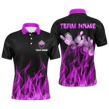 Load image into Gallery viewer, Personalized Men polo Bowling Shirt Purple Flame Bowling Ball and Pins bowling jerseys for men Bowler NQS6035