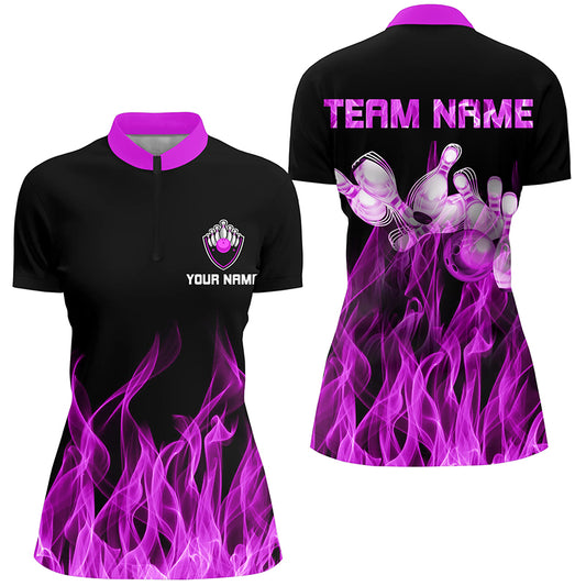 Purple flame Bowling Quarter-Zip Shirt Women black Bowling Jerseys Personalized Bowling Team Shirts NQS6035
