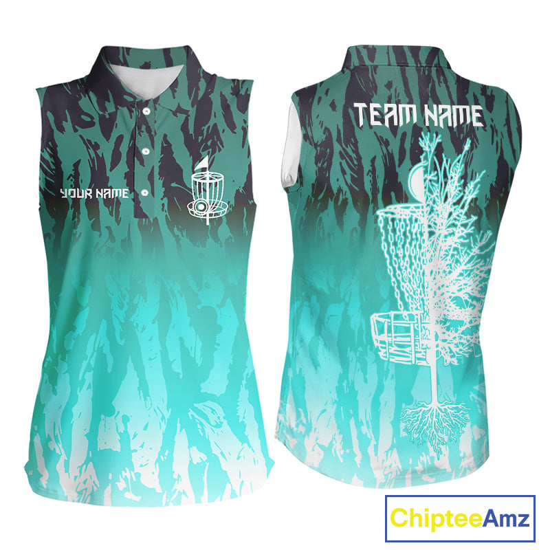 Disc golf basket Cyan Blue camo Women sleeveless polo shirt custom disc golf jersey ladies team shirt NQS10348