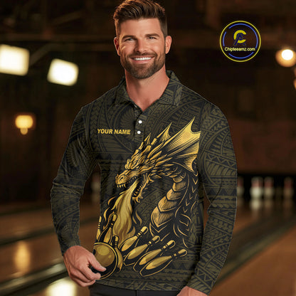 Custom Tribal pattern Gold Dragon Bowling Polo, Quarter Zip Shirt For Men, Bowling Team League Jersey NQS10349