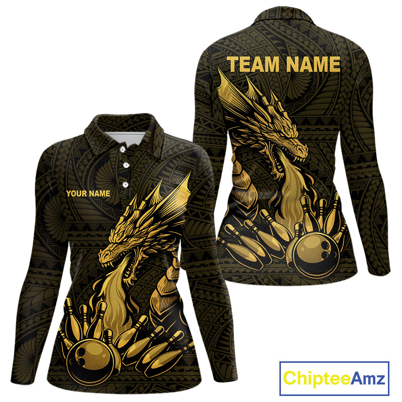 Custom Tribal pattern Gold Dragon Bowling Polo, 1/4 Zip Shirt For Women, Bowling Team League Jersey NQS10349