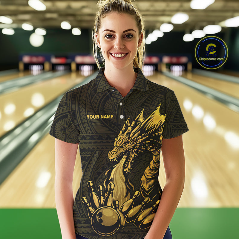 Custom Tribal pattern Gold Dragon Bowling Polo, 1/4 Zip Shirt For Women, Bowling Team League Jersey NQS10349