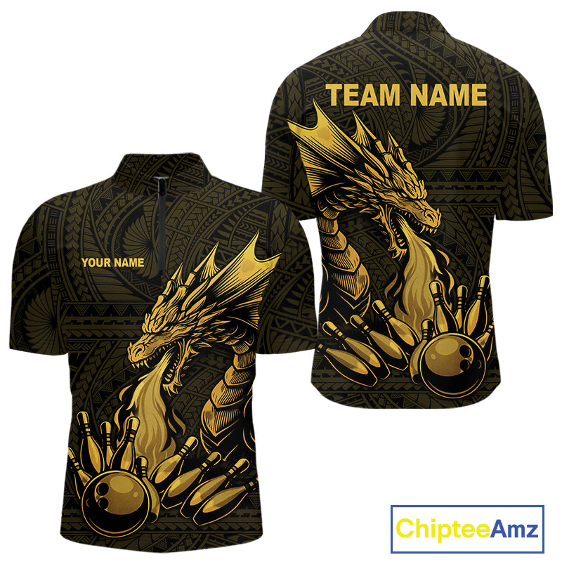 Custom Tribal pattern Gold Dragon Bowling Polo, Quarter Zip Shirt For Men, Bowling Team League Jersey NQS10349