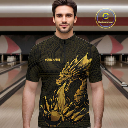 Custom Tribal pattern Gold Dragon Bowling Polo, Quarter Zip Shirt For Men, Bowling Team League Jersey NQS10349