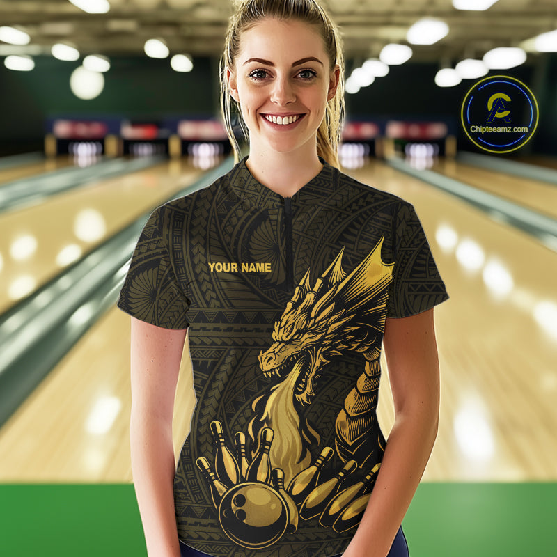 Custom Tribal pattern Gold Dragon Bowling Polo, 1/4 Zip Shirt For Women, Bowling Team League Jersey NQS10349