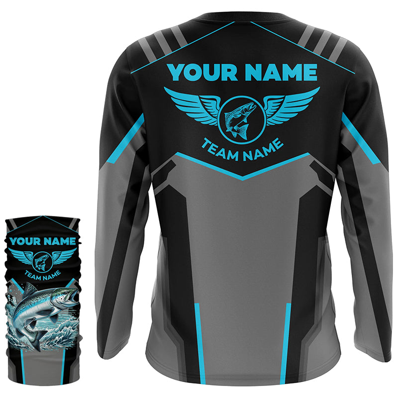 Personalized Black Chinook salmon Fishing jerseys, Team Fishing Long Sleeve tournament shirts| Blue NQS6271