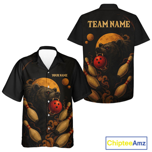Custom Black Bear Bowling Hawaiian Shirt Bear Bowling Team Button Up Shirts NQS10781