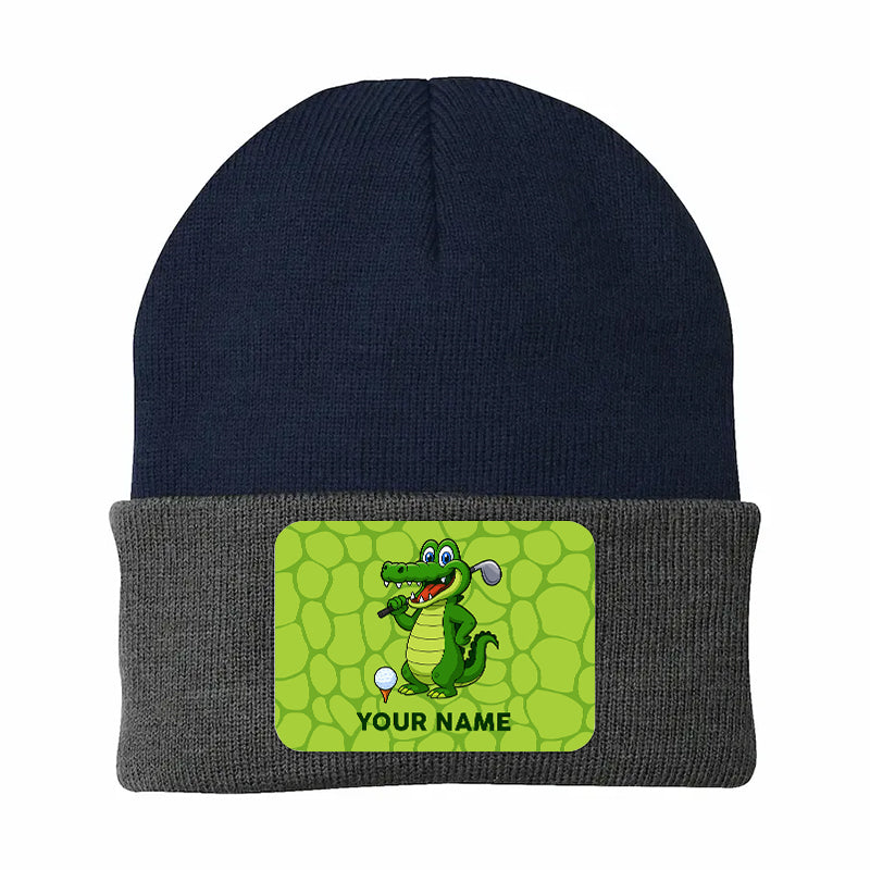 Funny Alligator Golf Knit Beanie Hat, Custom Name Rectangle Patch Golf Beanie Hat, Golf Gifts NQS10782