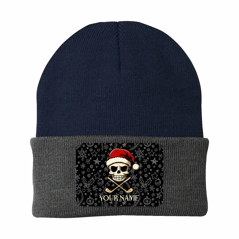 Funny Christmas Skull Golf Knit Beanie Hat, Custom Rectangle Patch Golf Beanie Hat, Xmas Golf Gifts NQS10783