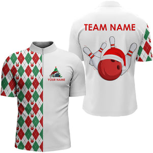 Christmas Bowling Polo, 1/4 Zip Shirts For Men custom red, white, green argyle pattern Bowling Jersey NQS9060