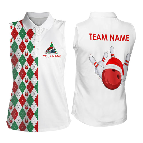 Christmas Bowling Womens Sleeveless Polo Shirts custom red, white, green argyle pattern Bowling Jersey NQS9060