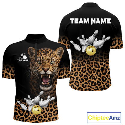 Custom Leopard Bowling Polo, Quarter Zip Jerseys for Men, Personalized Leopard Bowling Team shirts NQS11570