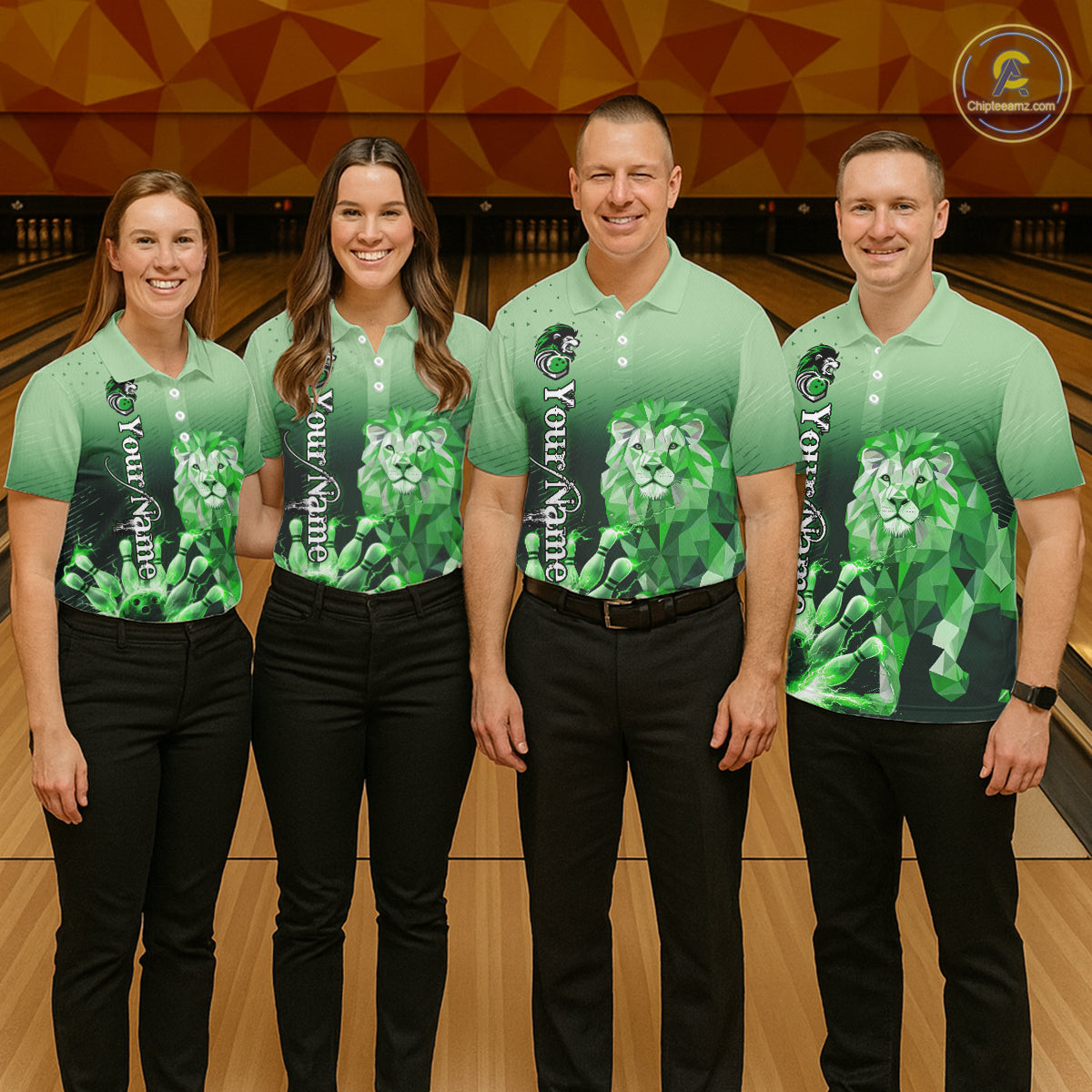 Green Lightning Lion Bowling Polo, Quarter Zip Shirts for Women Custom Lion Bowling Team jerseys NQS11568