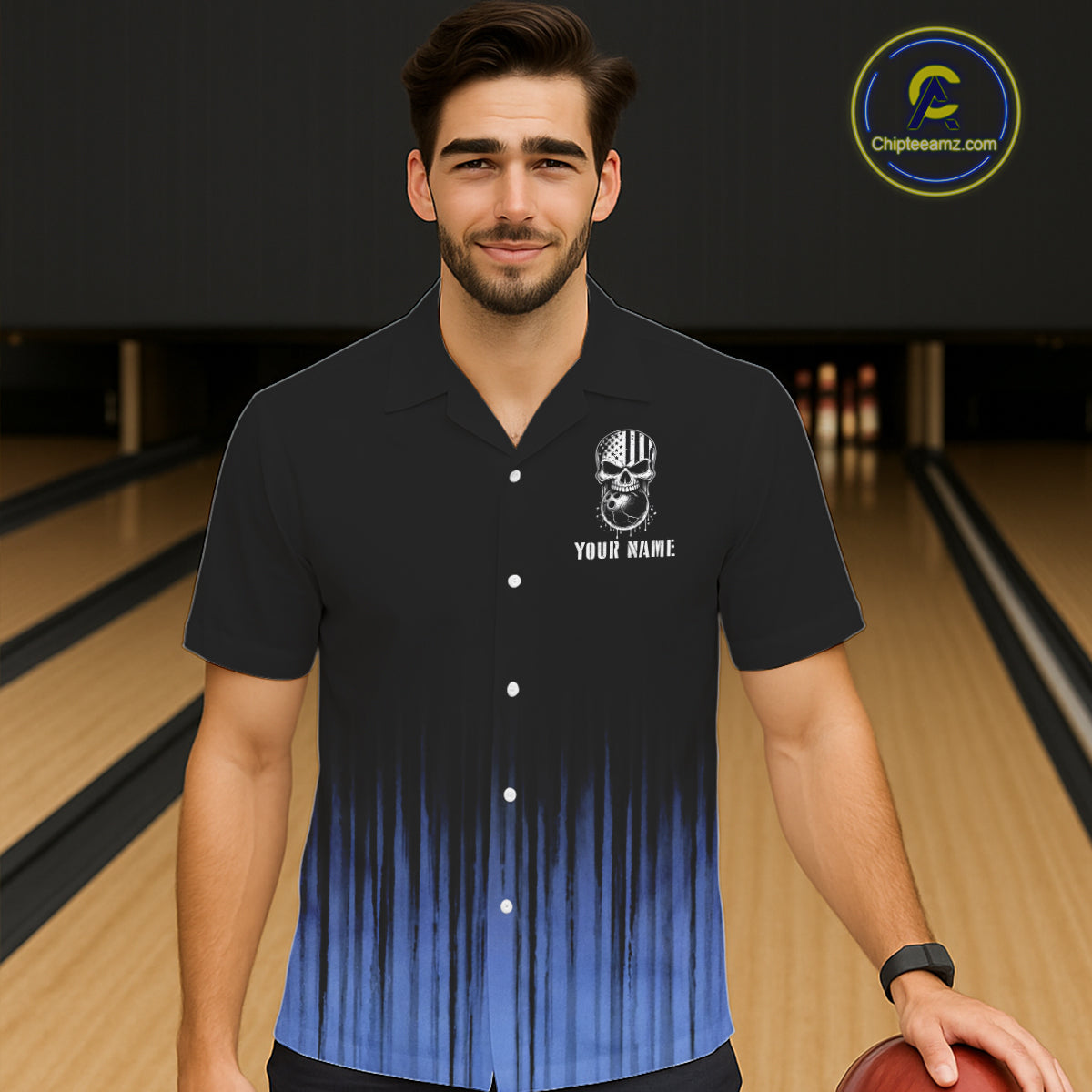 Black and Blue American Flag Skull Bowling Button-up Shirt Custom Patriotic Bowling Team jerseys NQS11699