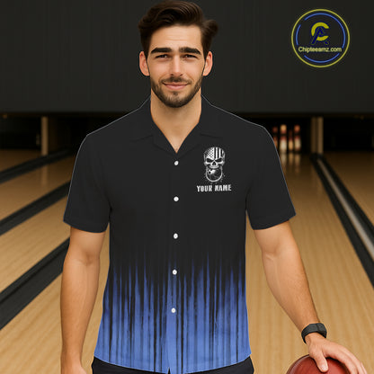 Black and Blue American Flag Skull Bowling Button-up Shirt Custom Patriotic Bowling Team jerseys NQS11699