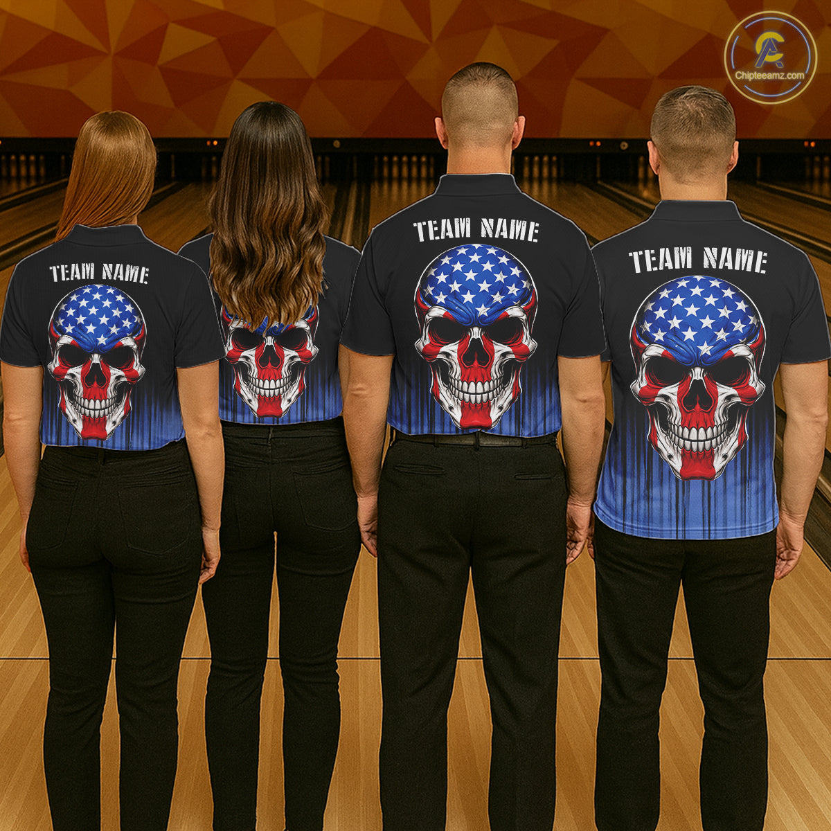 Black and Blue American Flag Skull Bowling Shirts for Men Custom Patriotic Bowling Team jerseys NQS11699
