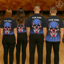 Load image into Gallery viewer, Black and Blue American Flag Skull Bowling Shirts for Men Custom Patriotic Bowling Team jerseys NQS11699