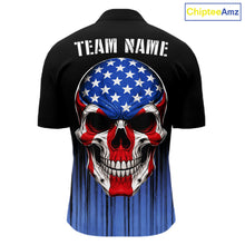 Load image into Gallery viewer, Black and Blue American Flag Skull Bowling Shirts for Men Custom Patriotic Bowling Team jerseys NQS11699