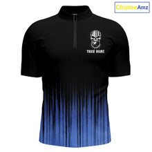 Load image into Gallery viewer, Black and Blue American Flag Skull Bowling Shirts for Men Custom Patriotic Bowling Team jerseys NQS11699