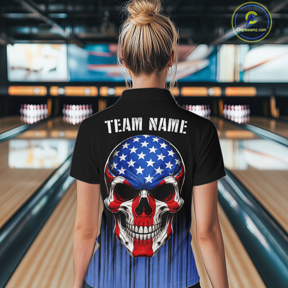 Black and Blue American Flag Skull Bowling Shirts for Women Custom Patriotic Bowling Team jerseys NQS11699