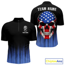 Load image into Gallery viewer, Black and Blue American Flag Skull Bowling Shirts for Men Custom Patriotic Bowling Team jerseys NQS11699