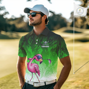 Funny Flamingo Green camo flame golf ball Mens Golf Polo Shirts Custom Flamingo Golf attire for men NQS9799