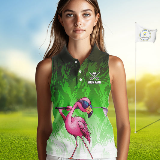 Funny Flamingo Green camo flame golf ball Women Golf Sleeveless Polo Shirt Custom Ladies Golf tops NQS9799