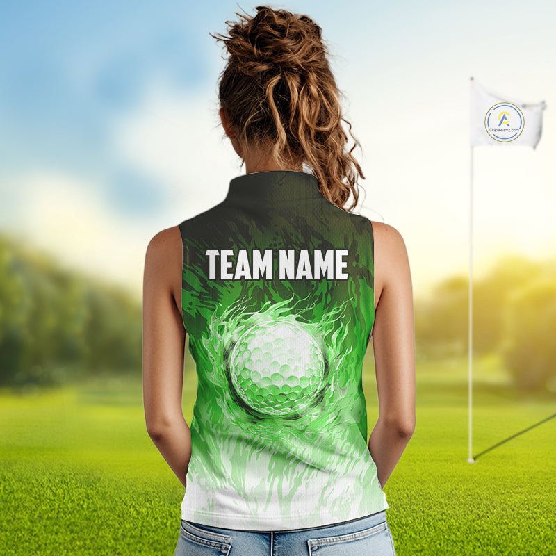 Funny Flamingo Green camo flame golf ball Women Golf Sleeveless Polo Shirt Custom Ladies Golf tops NQS9799