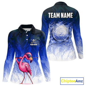 Funny Flamingo Blue camo flame golf ball Women Golf Polo Shirt Custom Flamingo Golf attire for ladies NQS9800