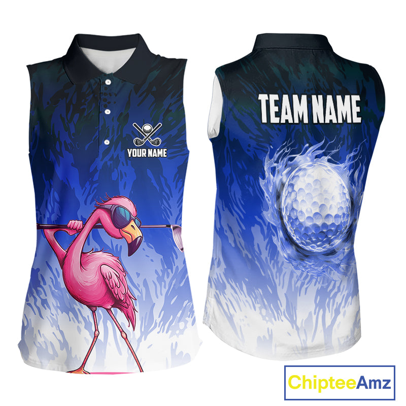 Funny Flamingo Blue camo flame golf ball Women Golf Sleeveless Polo Shirt Custom Ladies Golf tops NQS9800