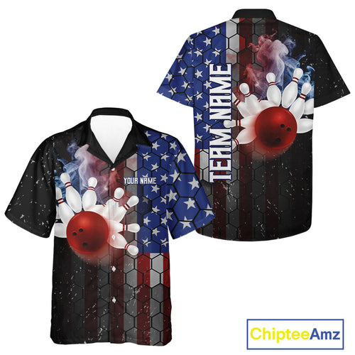 Smoke American Flag Vintage Women Hawaiian bowling shirt Custom Patriotic Bowling Team Button up shirt NQS9802