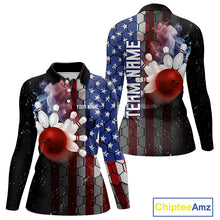 Load image into Gallery viewer, Smoke American Flag Vintage Women Bowling Polo, 1/4 Zip Shirts Custom Patriotic Bowling Team jerseys NQS9802